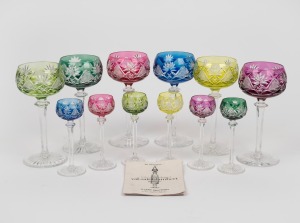 VAL ST LAMBERT "Harlequin Hocks" set of six coloured cut crystal wine glasses; together with a matching set of six schnapps glasses, (12 items), with original documentation from Hardy Brothers of Melbourne, 18cm and 13cm high.
