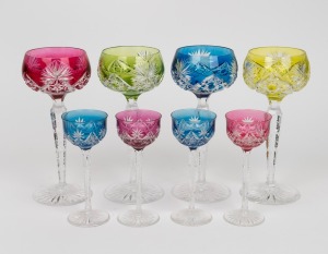 VAL ST LAMBERT coloured cut crystal glassware, comprising of four wine glasses and four schnapps glasses, (8 items), 19.5cm and 13cm high.