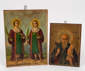 Two antique chromolithograph icon pictures, both mounted on board, 19th/20th century, ​​​​​​​the larger 26 x 19cm.