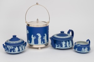WEDGWOOD blue Jasper Ware three piece tea service and biscuit barrel with silver plated mount, 19th century, (4 items), impressed factory mark to base, the biscuit barrel 26cm high including handle.