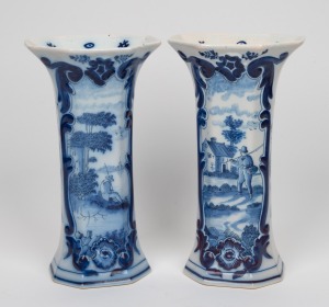 A pair of vintage French blue and white mantle vases with fishing scenes, mid 20th century, ​​​​​​​30cm high.