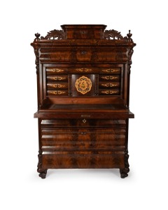 An antique Biedermeier fall front escritoire with fully fitted interior and handsomely veneered in flame mahogany, circa 1860, 168 high, 108cm wide, 56cm deep.
