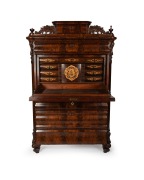 An antique Biedermeier fall front escritoire with fully fitted interior and handsomely veneered in flame mahogany, circa 1860, 168 high, 108cm wide, 56cm deep.