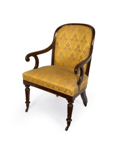 An exceptional and fine early Colonial Australian cedar salon chair, handsomely crafted in eucalypt and red gum with cross banded decoration, scrolling arms and ring turned legs, Sydney origin, circa 1835, 82cm high, 55cm across the arms