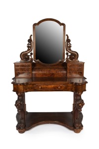355 · An antique huon pine dressing table with carved decoration, circa 1875. Note: Later walnut stain. A good restoration project. 175cm high, 123cm wide, 63cm deep