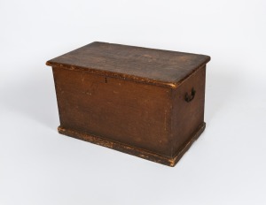 An antique pine travel trunk with hand-painted travel inscription to the top "PETER MILLER, TO MORTON BAY, TO THE SHIP IRENE", circa 1858, accompanied by some research documentation relating to the family and the ship, 45cm high, 77cm wide, 43cm deep.