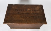 An antique pine travel trunk with hand-painted travel inscription to the top "PETER MILLER, TO MORTON BAY, TO THE SHIP IRENE", circa 1858, accompanied by some research documentation relating to the family and the ship, ​​​​​​​45cm high, 77cm wide, 43cm de - 2