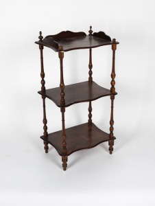 An antique Australian blackwood and kauri pine three tier whatnot, 19th century, 101cm high, 52cm wide, 38cm deep