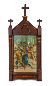 "JESUS IS CONDEMNED TO DEATH" Stations Of The Cross, canvas in oak frame, numbered "I.", with pencil inscription verso "St Patrick's Catholic Church, Kirkstall, Vic., 1906", 55 x 127cm overall