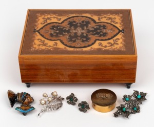 A vintage Italian musical jewellery box (not running), together with a silver and marcasite brooch and earrings, an enamel silver brooch, a silver and pearl brooch, and a brass pill box, 20th century, (6 items).