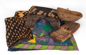Remains of collection, including mats, garments, wooden food bowl, musical instrument, etc, (qty)