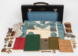 MASONIC REGALIA in leather case, including numerous medals in 9ct gold (35 grams) and silver gilt, (qty).