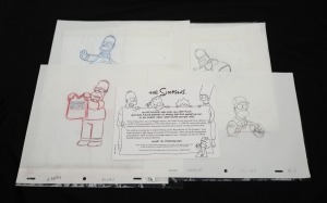 THE SIMPSONS: A collection of seven (7) original production drawings from episodes which first aired in 2003-5 ("Diatribe of a Mad Housewife", "Pranksta Rap" and "Mobile Homer"); all the drawings feature Homer.