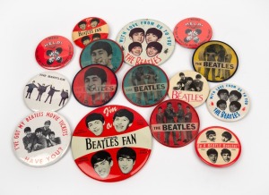 THE BEATLES: A collection of original badges including a rare full set of Vari-Vue hologram badges, plus "I've Got My Beatles Movie Tickets. Have You?," "Be A Beatles Booster," "I Needed Help! So I Got My Beatles Movie Ticket! Did you?" and others. Larges