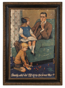 Two framed vintage war posters: "God Bless Daddy, 45,000 Australian Fathers Are Fighting" and "Daddy What did YOU Do In The Great War?", both framed and mounted, the larger 87 x 63cm overall.