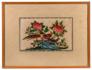 An antique Chinese painting on silk of pheasants and flowers, 18th/19th century, 21 x 33cm, 41 x 54cm overall.