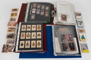 Collections of cigarette and trade cards in four albums and loose in a carton; very diverse subjects. (100s).