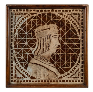 An antique bobbin lace portrait in frame, 18th/19th century, ​​​​​​​32 x 32cm overall.