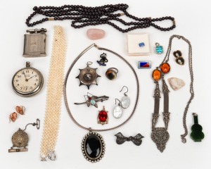 Collection of assorted jewellery, stopwatch, cigarette lighter, loose cut sapphire, polished opal, New Zealand greenstone pendant, silver insect brooch set with polished opal, (qty).
