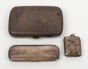 An antique silver cigar case, sterling silver vesta and a Continental silver spectacle case, 19th century, (3 items), 250 grams total.
