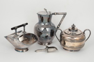 Antique Britannia metal hot water jug, silver plated sugar scuttle by Walker & Hall and a silver plated sugar basin, all displaying elements of Christopher Dresser design, 19th century, (3 items), the largest 17cm high.