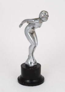 A vintage nickel plated car mascot in the form of a female nude, mounted on ebonised timber base, circa 1930s, 21cm high overall.