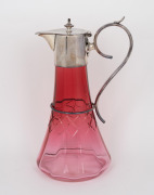 An antique English ruby glass claret jug with silver plated mounts, late 19th century, 26.5cm high.