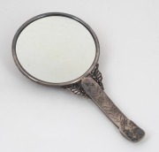 A Chinese silver and carved mutton jade hand mirror adorned with cabochon semi-precious stones and housed in a later silk box, 24cm high. - 2
