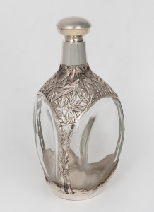 A Japanese export silver overlay Dimple Whisky decanter with bamboo decoration and stopper, stamped "ASAHI STERLING 950", circa 1920, 23cm high.