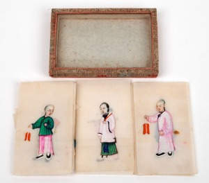 A group of antique Chinese paintings on rice paper of Mandarin figures, housed in original silk box, 19th century. Note: Some with damage and loss. each approximately 9 x 5.5cm.
