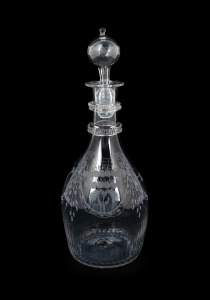 An antique Irish mould blown glass decanter with wheel cut engraving and ownership name "Isabella Greenlees", the neck with applied double collar rings, (possibly later stopper), circa 1800, 28cm high.