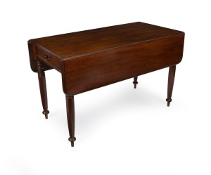 An antique English mahogany drop-side dining table fitted with single drawer to the end and dummy drawer on the reverse, circa 1835, 75cm high, 67cm wide (extends to 116cm), 121cm deep