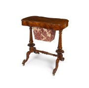An antique English burr walnut sewing table with lift top, interior fitted with compartments and wall bag, circa 1870, ​​​​​​​72cm high, 67cm wide, 40cm deep.