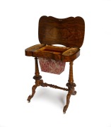 An antique English burr walnut sewing table with lift top, interior fitted with compartments and wall bag, circa 1870, ​​​​​​​72cm high, 67cm wide, 40cm deep. - 2
