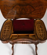 An antique English burr walnut sewing table with lift top, interior fitted with compartments and wall bag, circa 1870, ​​​​​​​72cm high, 67cm wide, 40cm deep. - 3