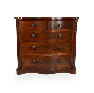 A fine quality antique English serpentine fronted mahogany chest of five drawers, circa 1860, ​​​​​​​107cm high, 115cm wide, 55cm deep.