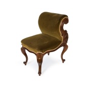 BORDELLO CHAIR antique French Louis XV style carved solid walnut and green velvet upholstery, 19th century, 86cm high, 49cm wide, 64cm deep.