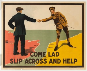 'Come Lad - Slip Across And Help', original 1915 colour poster, laid down on linen, published by The Parliamentary Recruiting Committee - London, 109 x 133cm overall. London, Dover, Folkstone, Calais, Boulogne, Dieppe, and Ypres are all indicated on their