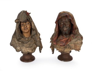 ALFRED FORETAY (1861&ndash;1944) pair of near life size French cold painted spelter busts of a Moor and a lady, 19th/20th century, signed "Alf. Foretay, Paris", 62cm high.