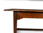 An antique French elm farmhouse table with cleated plank top, breadboard ends and stretcher base, 76cm high, 234cm wide, 80cm deep. - 2