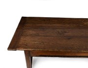 An antique French elm farmhouse table with cleated plank top, breadboard ends and stretcher base, 76cm high, 234cm wide, 80cm deep. - 3