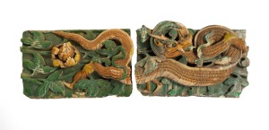 A rare and early Chinese porcelain architectural two sectional panel adorned with dragon and peonies, Ming Dynasty, 16th century, Note: Numerous repairs and losses. 40cm high, 126cm.