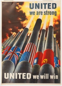 HENRY KOERNER (1915-1991) 'United we are strong - United we will win', original 1943 colour poster, laid down on linen, featuring flags of the Allied powers with United Kingdom, United States, Republic of China, Soviet Union, and Australia prominent; publ