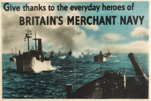 'Give thanks to the everyday heroes of Britain's Merchant Navy', original 1951 colour poster, laid down on linen, published by His Majesty's Stationery Office - London, 110 x 159cm overall.