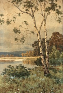 ARTIST UNKNOWN, (landscape scene with birch tree and lake), watercolour, 84 x 58cm, 98 x 71cm overall.