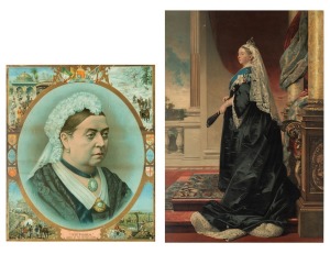 QUEEN VICTORIA two framed antique lithograph portraits, 19th century, ​​​​​​​the largest 80 x 61cm overall.