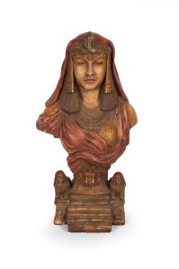 A vintage Egyptian Revival hand-painted fired plaster bust of Cleopatra, 20th century, 66cm high.