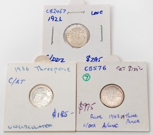 THREEPENCES: GEORGE V 1926 EF, 1936 Unc, and 1942 (Melb.) VF+. (3 coins).