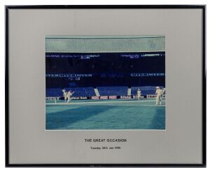 Original cricket match photograph titled 'THE GREAT OCCASION, Tuesday 30th Jan. 1990', window-mounted, framed and glazed, 41 x 33cm overall.