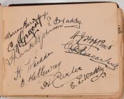 An autograph book started in December 1907 by Geoffrey Austin Street (1894-1940), with most pages still present. Noted a Queensland 1907 team (Armstrong, McLaren, Evans, Redgrave, Hartigan, etc.), a NSW team (Bardsley, Gregory, Carter, Kelleway), a Victor - 7
